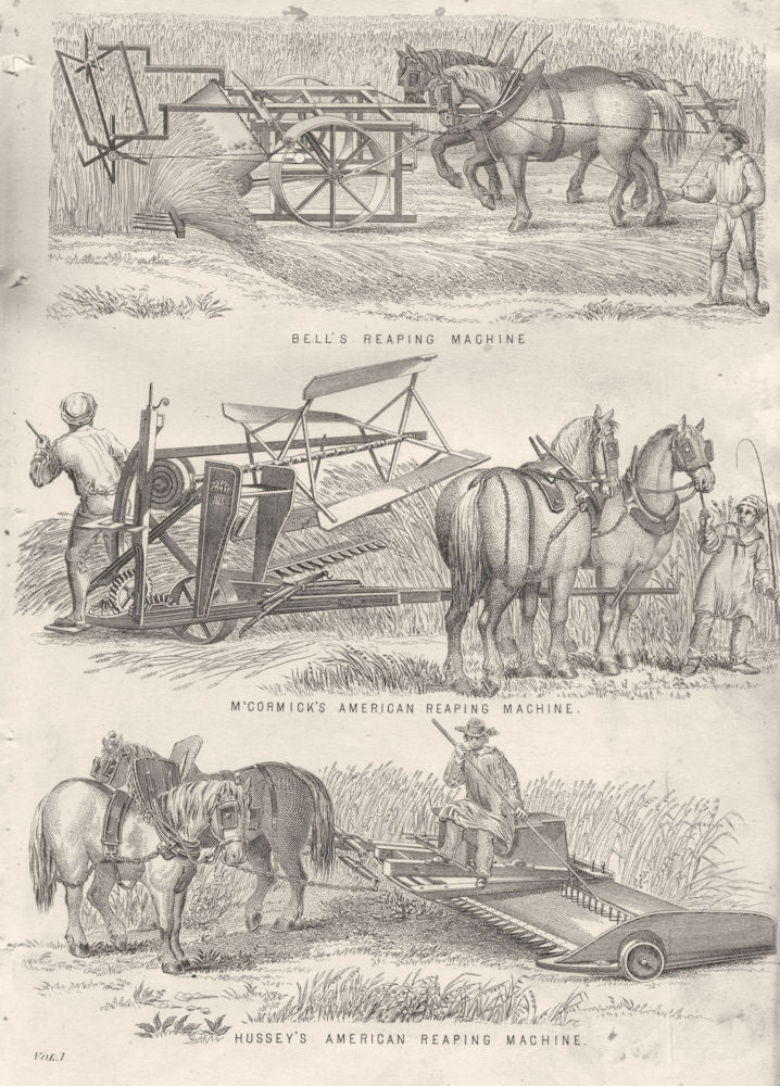 FARMING. farm tools; Bell's reaping machine; M'Cormick's American; Hussey's 1880